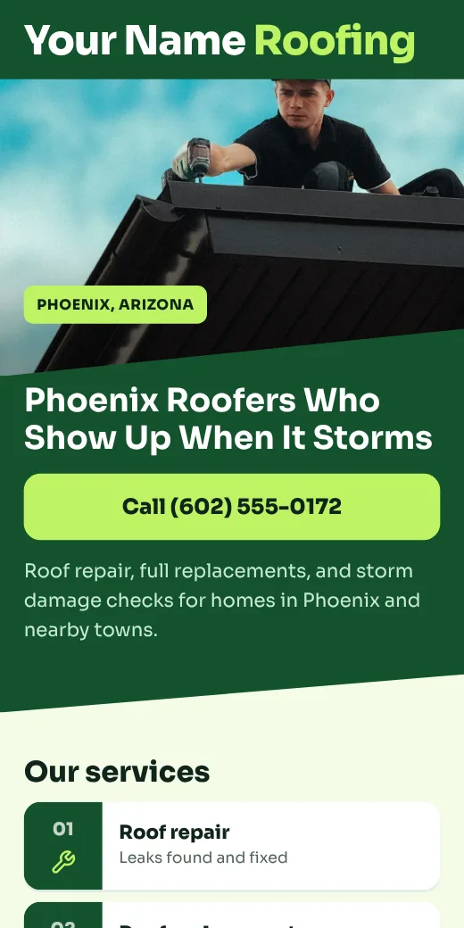 Sample roofing site for Phoenix with a green call button
