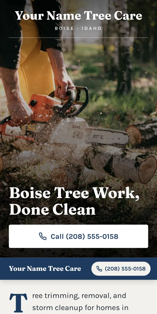 Sample tree service site for Boise with a white call button